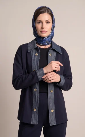 کت زنانه سرمه‌ای یقه برگردان با دکمه طلایی و آستین بلند nevado کد 405127051741 - تصویر 2