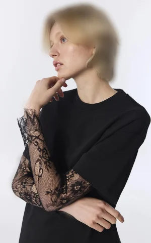 بلوز زنانه مشکی دانتل‌دار با برش نامتقارن IPEKYOL کد TW6260070213 - تصویر 3
