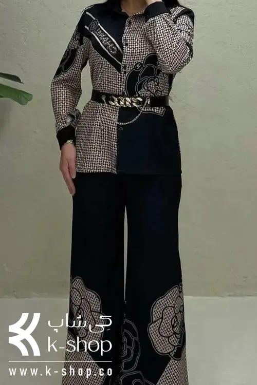 ست شومیز و شلوار طرح دار با کمربند