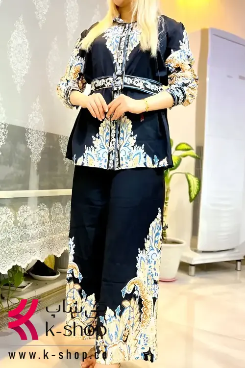 ست شومیز و شلوار مجلسی آستین سه ربع طرح ترمه مشکی