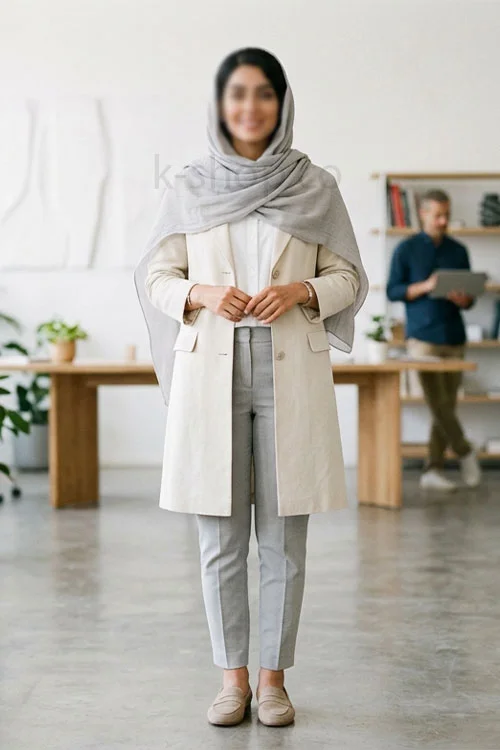 ست مانتو جلو باز کرم با شلوار پارچه ای خاکستری