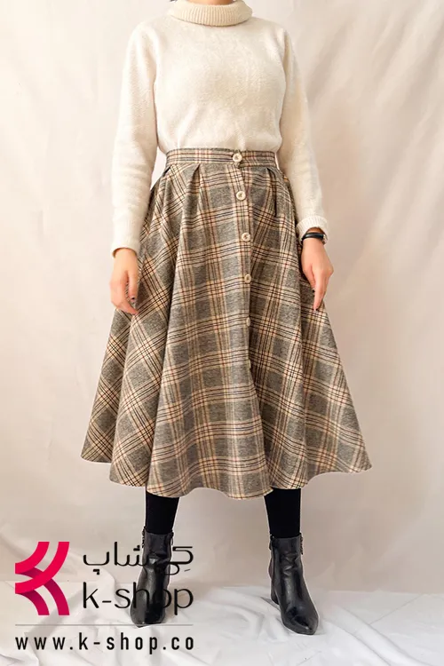 دامن پاییزه چهارخونه دکمه دار