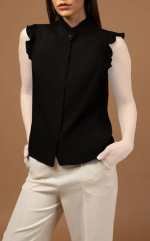 بلوز زنانه NEVADO مشکی با یقه هفت چین‌دار و آستین حلقه‌ای دالبوری