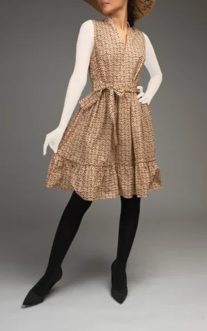 پیراهن زنانه نوادو طرحدار بند کمربندی دار یقه هفت آستین حلقه ای 1