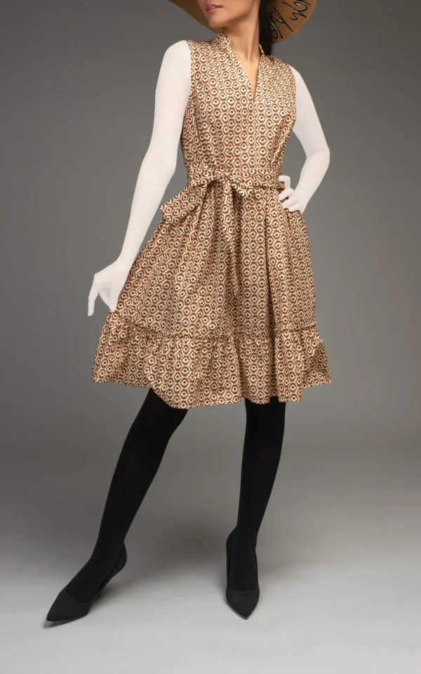 پیراهن زنانه نوادو طرحدار بند کمربندی دار یقه هفت آستین حلقه ای 1