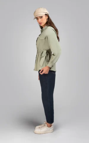 جلیقه زنانه سبز آستین بلند پاییز-زمستانه دکمه‌دار یقه‌دار شیک نوادو