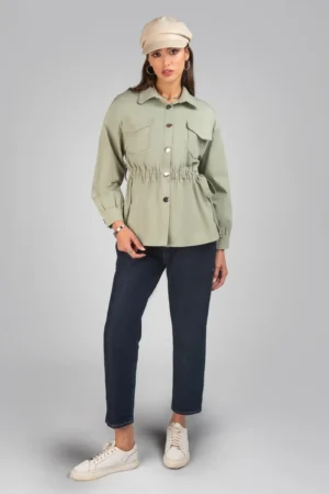 جلیقه زنانه سبز آستین بلند پاییز-زمستانه دکمه‌دار یقه‌دار شیک نوادو