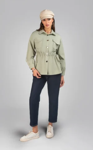 جلیقه زنانه سبز آستین بلند پاییز-زمستانه دکمه‌دار یقه‌دار شیک نوادو