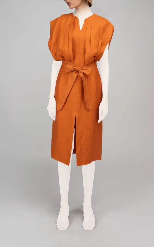 پیراهن زنانه بدون آستین بهار-تابستانه نارنجی رنگ کمربنددار نوادو