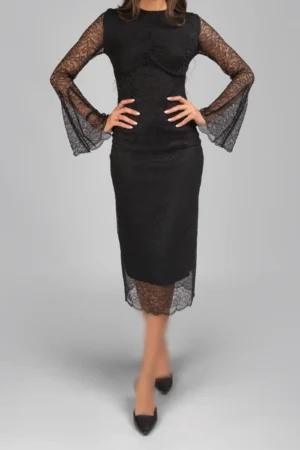 پیراهن زنانه مشکی گیپوردار آستین بلند گیپوری مجلسی پاییز-زمستانه نوادو