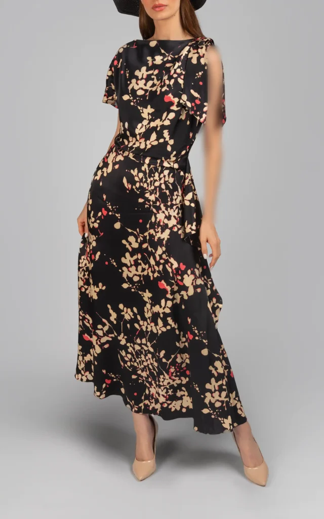 پیراهن زنانه آستین کوتاه طرح‌گل مدل میدی پاییز-زمستانه نوادو