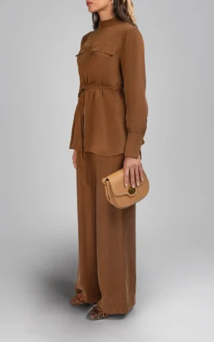 بلوز زنانه قهوه‌ای پاییز-زمستانه آستین بلند شیک کمربند بندی نوادو