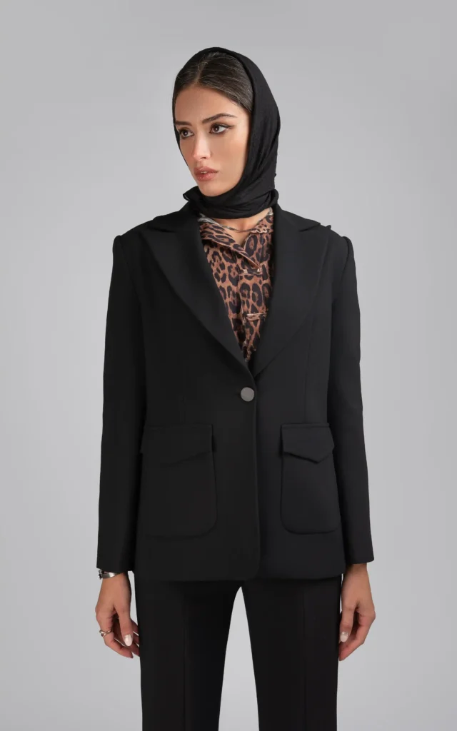 کت زنانه مشکی رسمی پاییز-زمستانه دکمه‌دار شیک نوادو