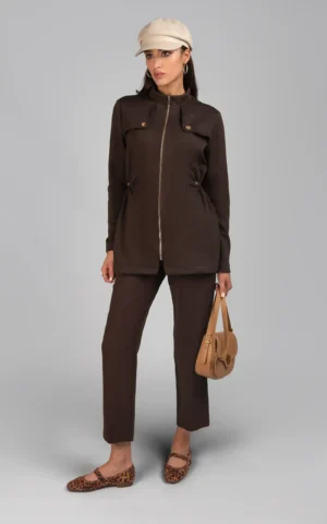 کت زنانه قهوه‌ای پاییز-زمستانه زیپ‌دار کمربندبندی شیک نوادو