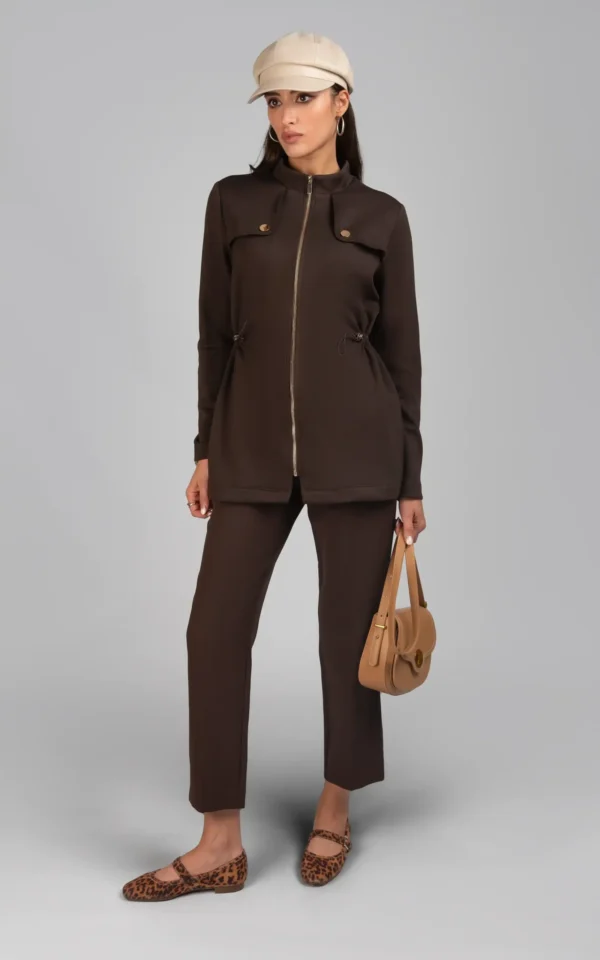 کت زنانه قهوه‌ای پاییز-زمستانه زیپ‌دار کمربندبندی شیک نوادو