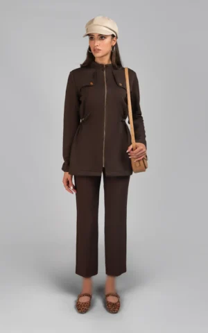 کت زنانه قهوه‌ای پاییز-زمستانه زیپ‌دار کمربندبندی شیک نوادو