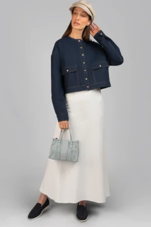 کت زنانه دکمه‌دار سرمه‌ای پاییز-زمستانه جین شیک نوادو