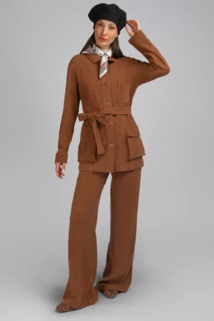 کت زنانه کمربنددار بندی قهوه‌ای رنگ شیک پاییز-زمستانه راحت نوادو