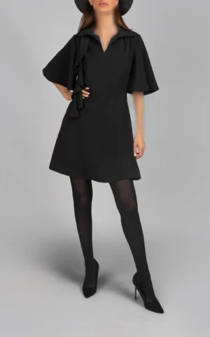 پیراهن زنانه مشکی آستین سه ربع یقه هفت پاییز-زمستانه دخترانه مجلسی نوادو