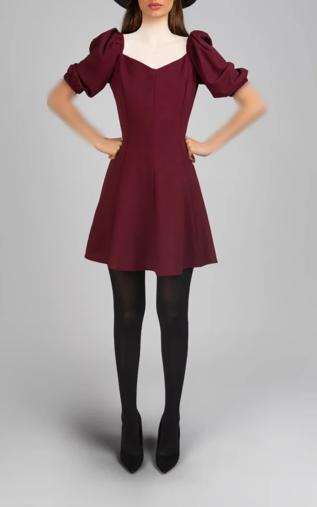 پیراهن زنانه قرمز اپل دار پاییز-زمستانه مجلسی شیک دخترانه آستین سه‌ربع پفی نوادو