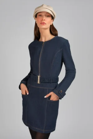 پیراهن زنانه آستین بلند کمربنددار سرمه‌ای رنگ زیپ‌دار پاییز-زمستانه نوادو