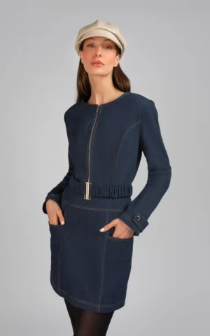 پیراهن زنانه آستین بلند کمربنددار سرمه‌ای رنگ زیپ‌دار پاییز-زمستانه نوادو