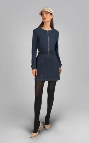 پیراهن زنانه آستین بلند کمربنددار سرمه‌ای رنگ زیپ‌دار پاییز-زمستانه نوادو