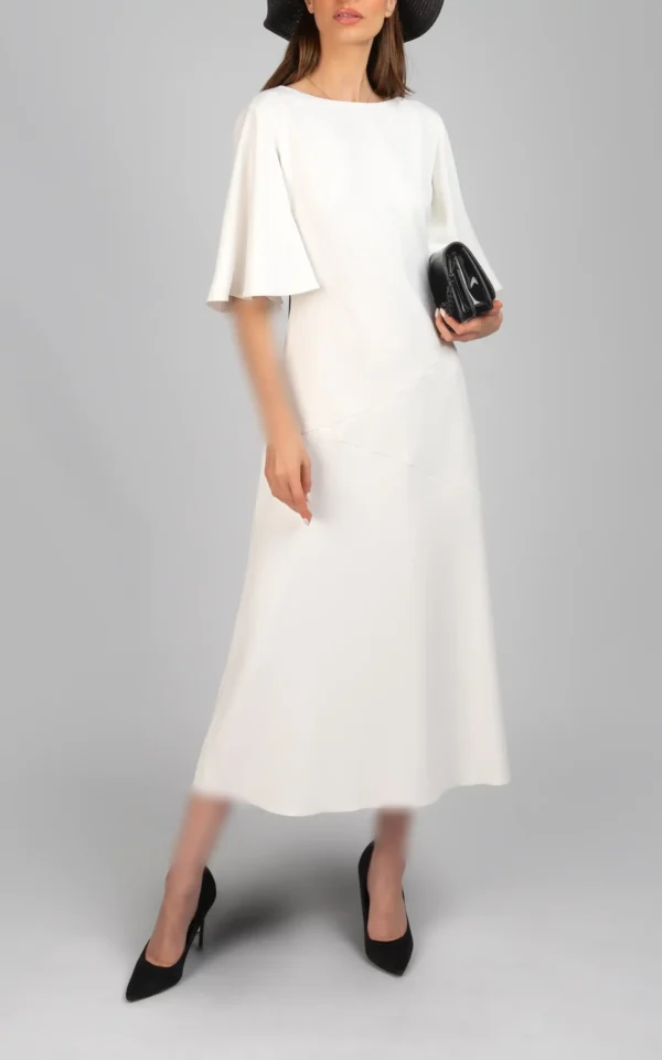 پیراهن زنانه سفید آستین سه ربع مدل میدی پاپیون مشکی نوادو