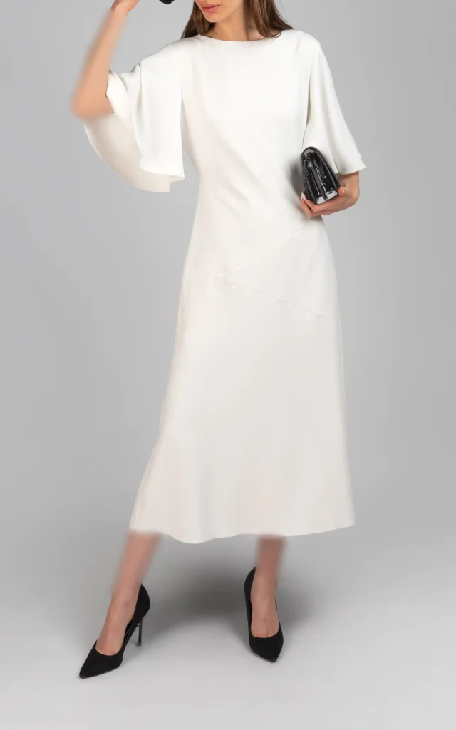 پیراهن زنانه سفید آستین سه ربع مدل میدی پاپیون مشکی نوادو