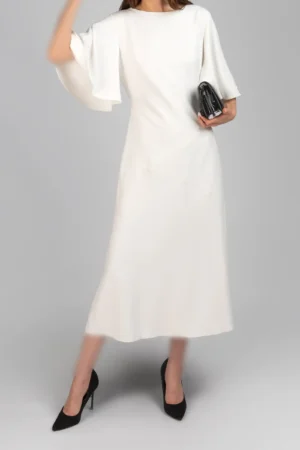 پیراهن زنانه سفید آستین سه ربع مدل میدی پاپیون مشکی نوادو