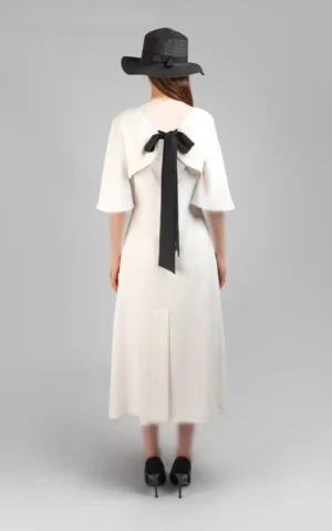 پیراهن زنانه سفید آستین سه ربع مدل میدی پاپیون مشکی نوادو