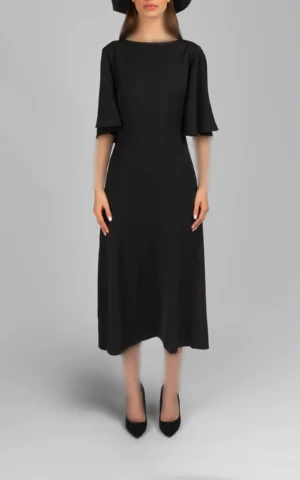 پیراهن زنانه مشکی آستین سه ربع مدل میدی پاپیون مشکی نوادو