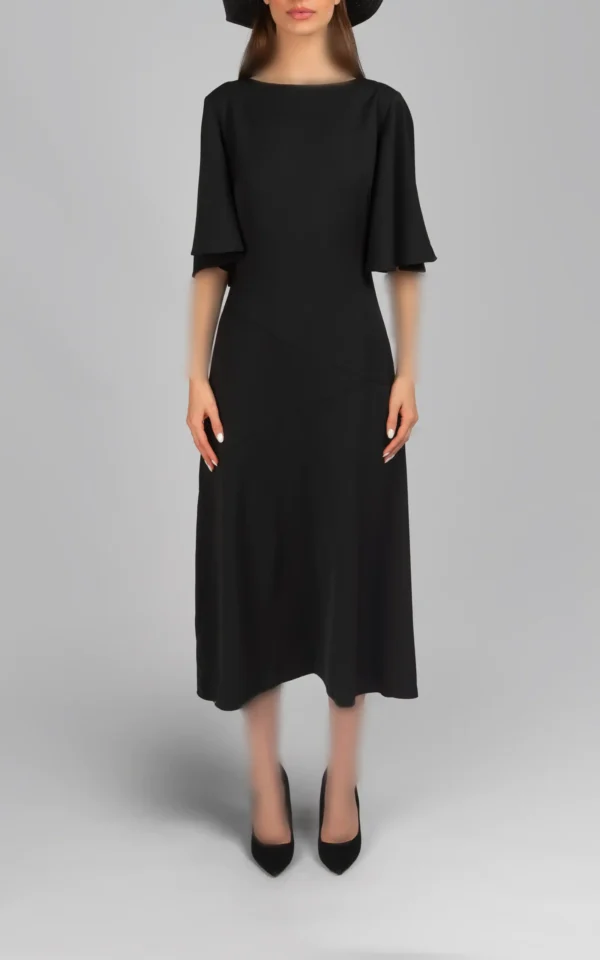 پیراهن زنانه مشکی آستین سه ربع مدل میدی پاپیون مشکی نوادو