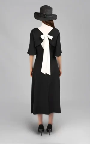 پیراهن زنانه مشکی آستین سه ربع مدل میدی پاپیون مشکی نوادو