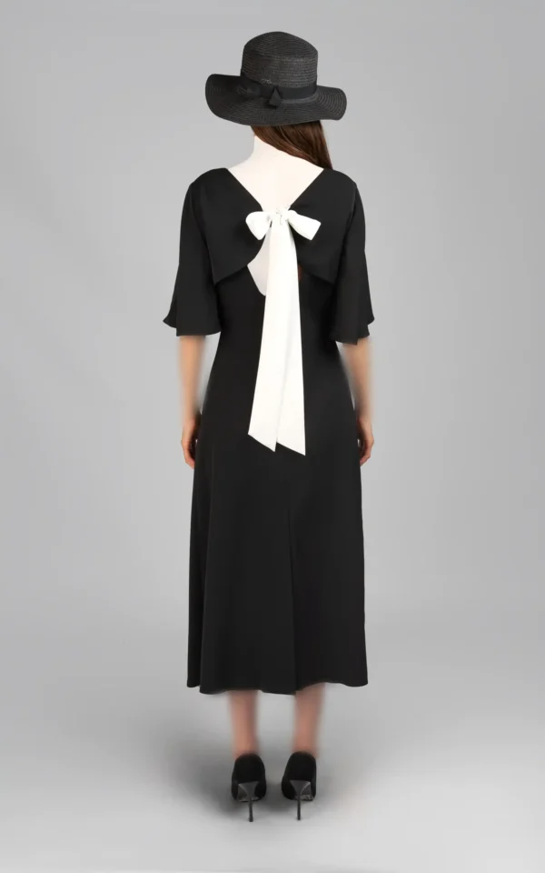 پیراهن زنانه مشکی آستین سه ربع مدل میدی پاپیون مشکی نوادو