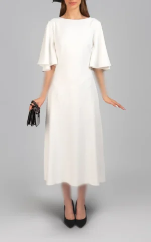 پیراهن زنانه سفید آستین سه ربع مدل میدی پاپیون مشکی نوادو