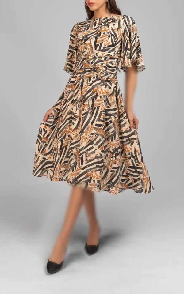 پیراهن زنانه آستین سه ریع طرح‌دار بدون یقه شیک پاییز-زمستانه نوادو