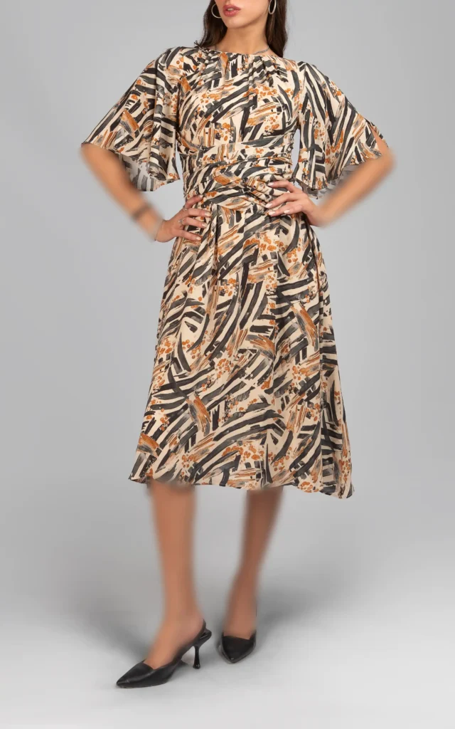 پیراهن زنانه آستین سه ریع طرح‌دار بدون یقه شیک پاییز-زمستانه نوادو