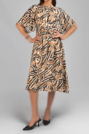 پیراهن زنانه آستین سه ریع طرح‌دار بدون یقه شیک پاییز-زمستانه نوادو