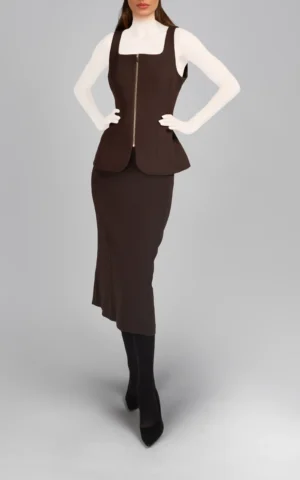 وست زنانه قهوه‌ای آستین حلقه‌ای مجلسی زیپ‌دار پاییز-زمستانه نوادو