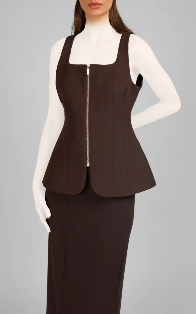 وست زنانه قهوه‌ای آستین حلقه‌ای مجلسی زیپ‌دار پاییز-زمستانه نوادو