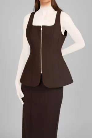 وست زنانه قهوه‌ای آستین حلقه‌ای مجلسی زیپ‌دار پاییز-زمستانه نوادو