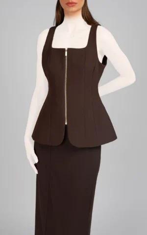 وست زنانه قهوه‌ای آستین حلقه‌ای مجلسی زیپ‌دار پاییز-زمستانه نوادو