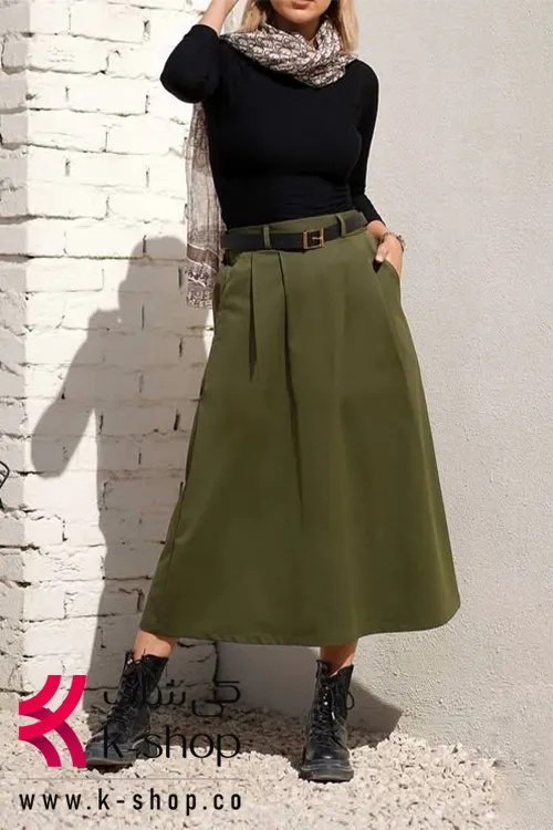 دامن چین دار سبز تیره با کمربند چرم