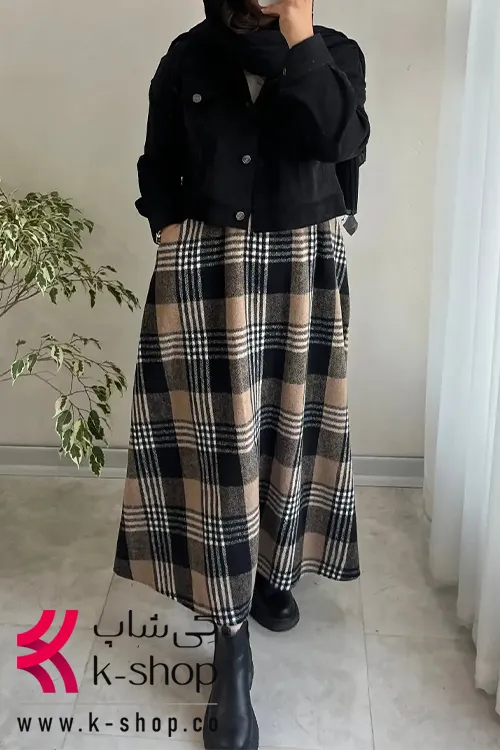 دامن پاییزه چهارخونه رنگ خاکستری قهوه ای