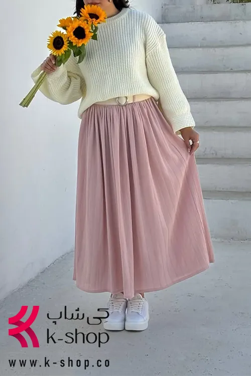دامن پاییزه صورتی چین دار با کمربند