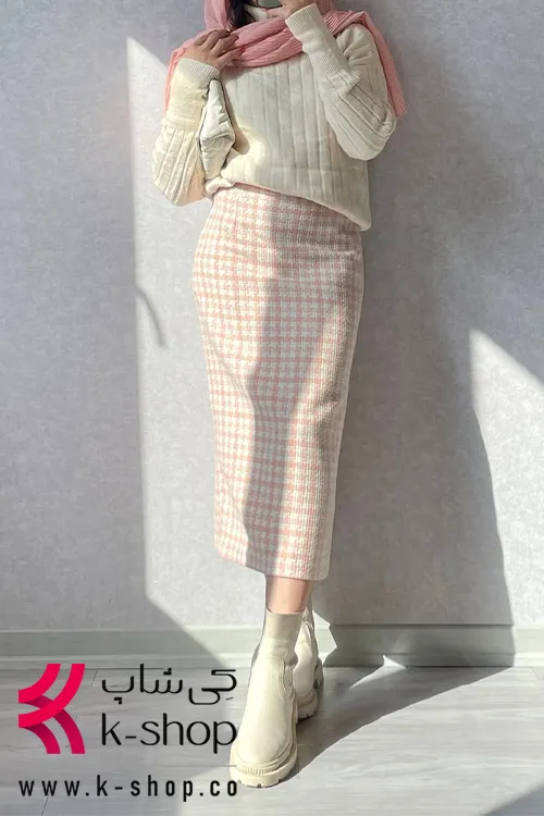 دامن راسته چهارخونه رنگ کرم صورتی