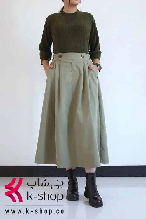 دامن پاییزه جیب دار رنگ سبز زیتونی