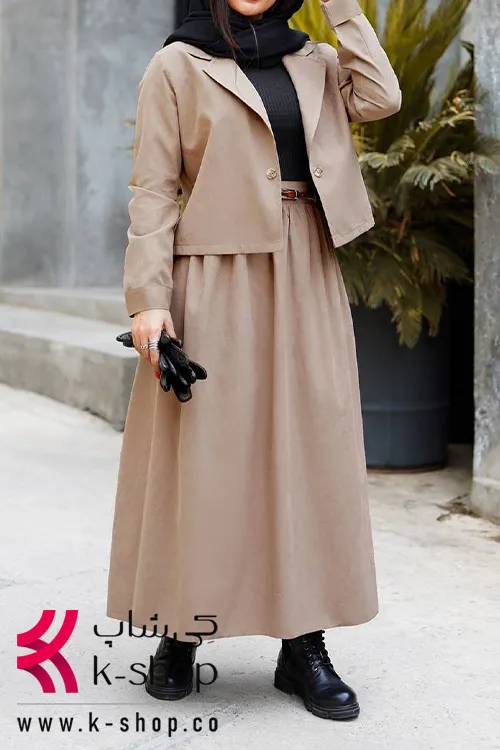ست کت و دامن پاییزه با کمربند چرم 