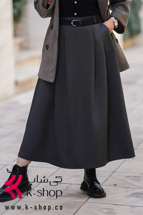 ست پالتو و دامن پاییزه کمربند دار رنگ مشکی